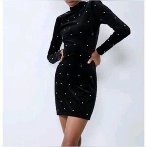 Zara Black Velvet Pearl Accent Mini Dress